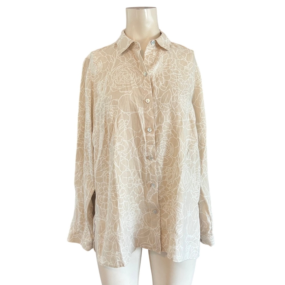 J. Jill Love Linen Tan White Floral Long Sleeve Button Down Shirt Small